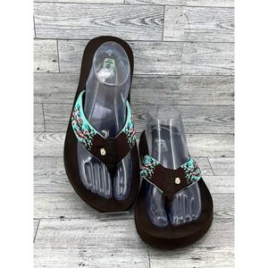 Teva Mush II Brown Thong Sandals Turquoise Embroidered Straps Size 10‎